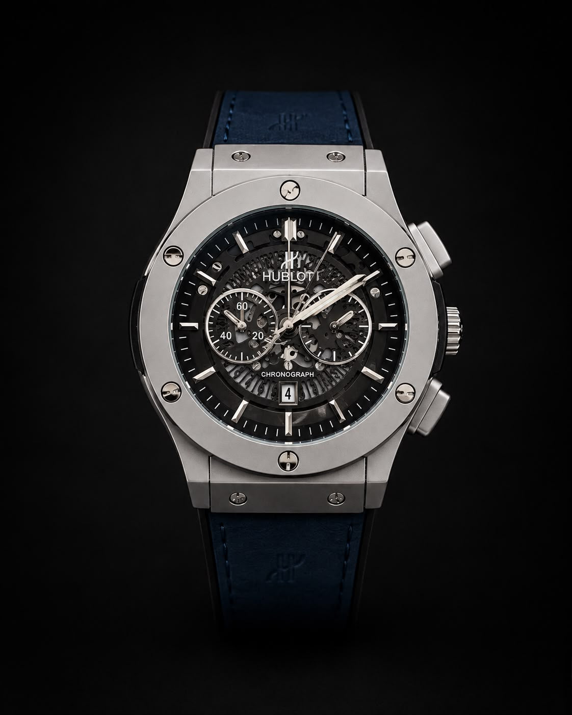 Hublot Style Chronograph Men’s Luxury Watch – Silver Case | Black Skeleton Dial