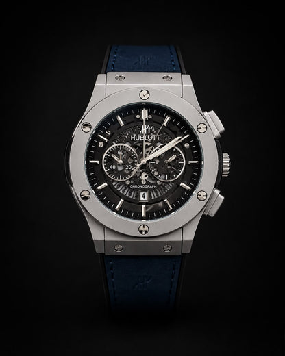 Hublot Style Chronograph Men’s Luxury Watch – Silver Case | Black Skeleton Dial