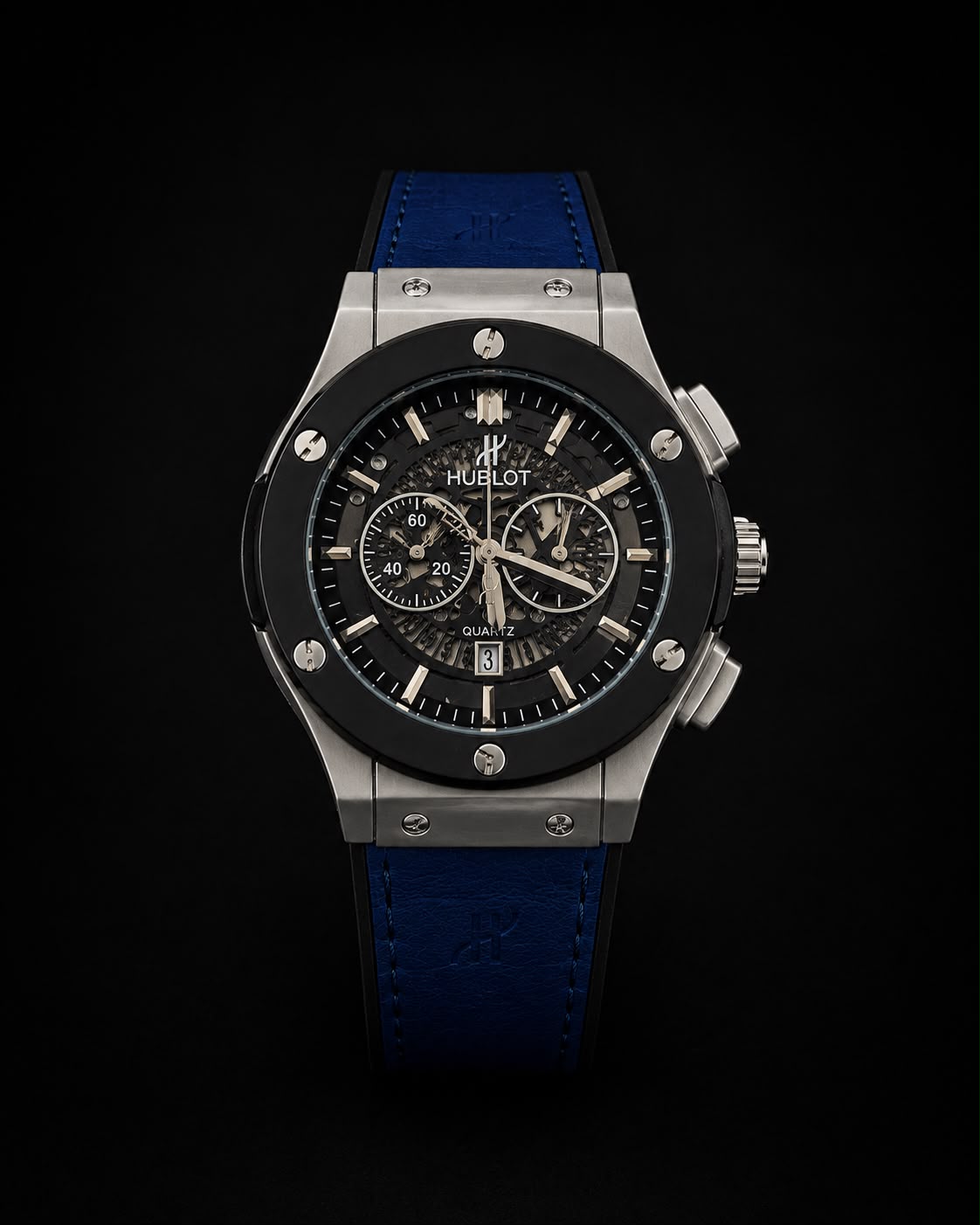 Hublot Style Chronograph Men’s Luxury Watch – Silver Case | Black Skeleton Dial