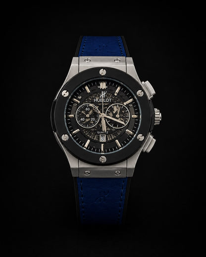 Hublot Style Chronograph Men’s Luxury Watch – Silver Case | Black Skeleton Dial