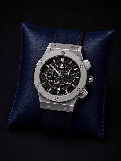 Hublot Style Chronograph Men’s Luxury Watch – Silver Case | Black Skeleton Dial