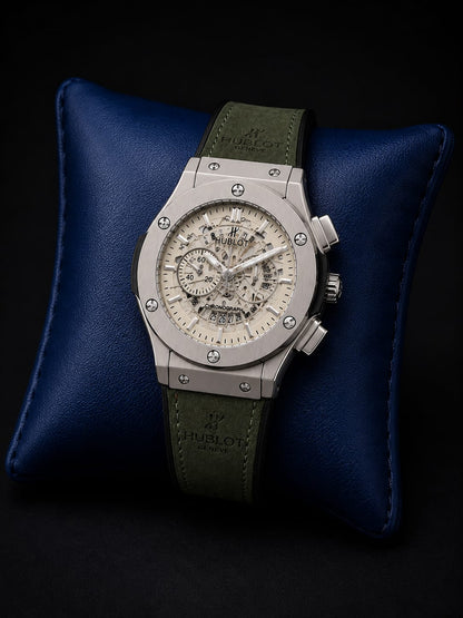 Hublot Style Chronograph Men’s Luxury Watch – Silver Case | Black Skeleton Dial